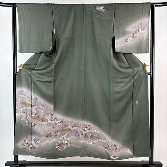 訪問服 身長154.5cm 袖長64cm M 雙層 落款あり 舟 花鳥 金糸 刺繡 灰綠 純蠶絲 秀品級