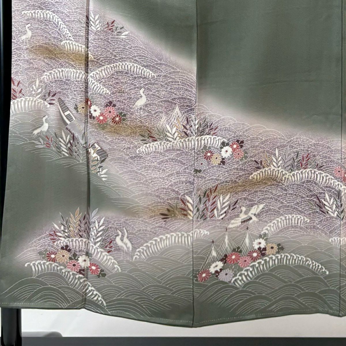 訪問服 身長154.5cm 袖長64cm M 雙層 落款あり 舟 花鳥 金糸 刺繡 灰綠 純蠶絲 秀品級