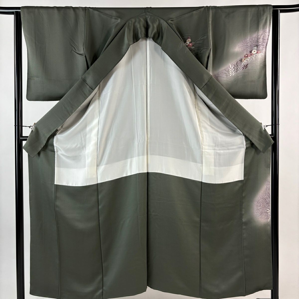 訪問服 身長154.5cm 袖長64cm M 雙層 落款あり 舟 花鳥 金糸 刺繡 灰綠 純蠶絲 秀品級