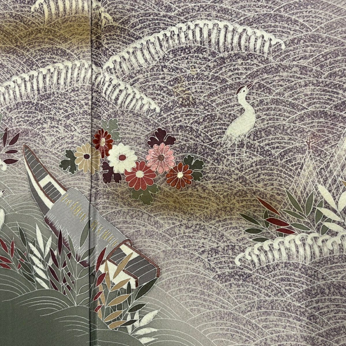 訪問服 身長154.5cm 袖長64cm M 雙層 落款あり 舟 花鳥 金糸 刺繡 灰綠 純蠶絲 秀品級