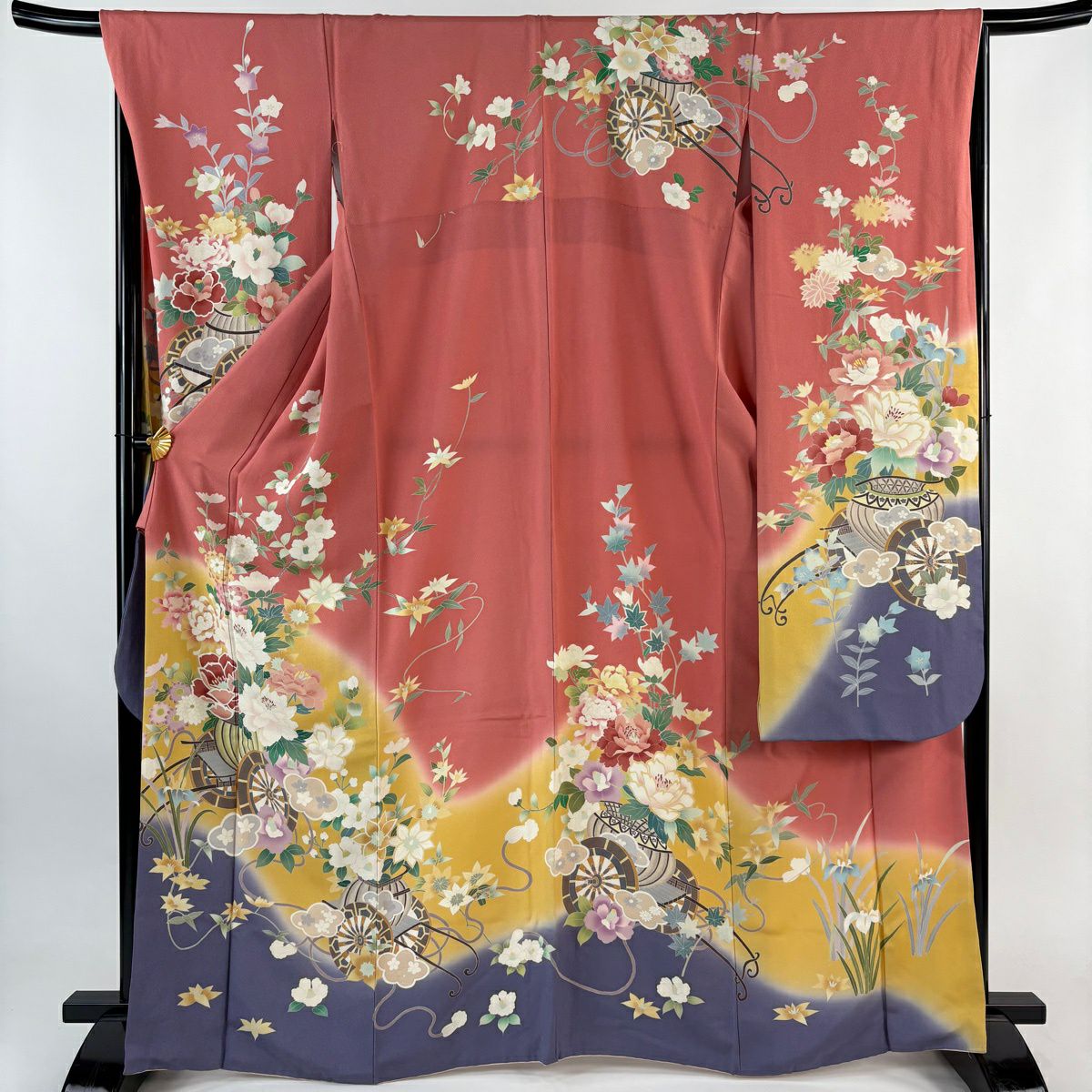振袖禮服 身長168cm 袖長67.5cm L 雙層 花車 草花紋紋 染分 粉紅 純蠶絲 優品級