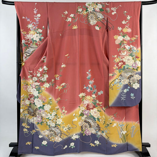振袖禮服 身長168cm 袖長67.5cm L 雙層 花車 草花紋紋 染分 粉紅 純蠶絲 優品級