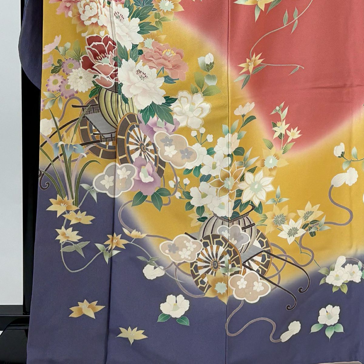振袖禮服 身長168cm 袖長67.5cm L 雙層 花車 草花紋紋 染分 粉紅 純蠶絲 優品級
