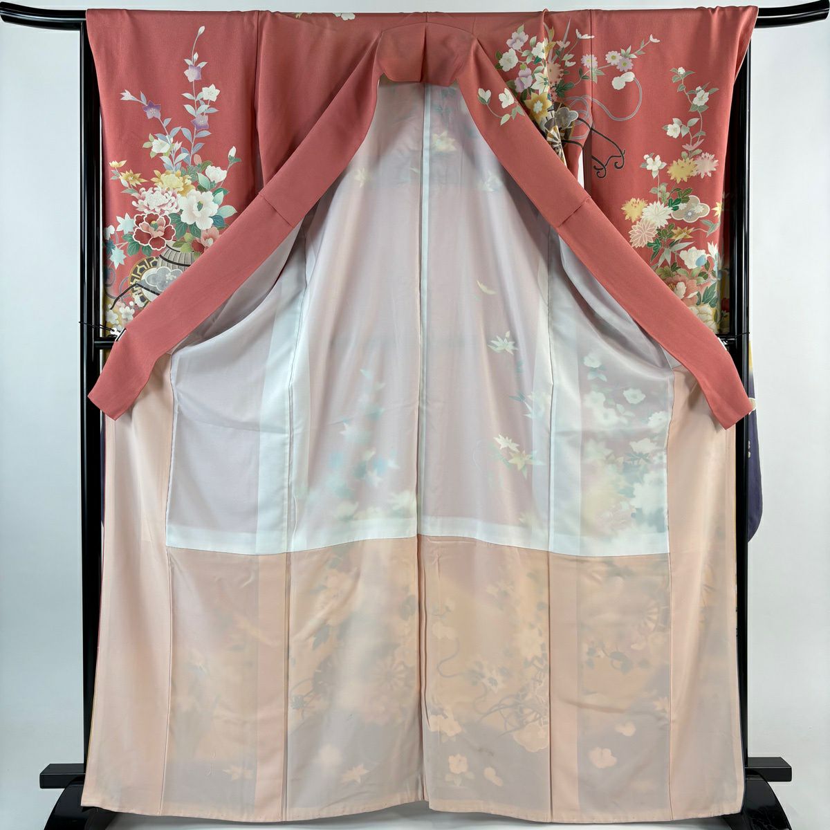 振袖禮服 身長168cm 袖長67.5cm L 雙層 花車 草花紋紋 染分 粉紅 純蠶絲 優品級