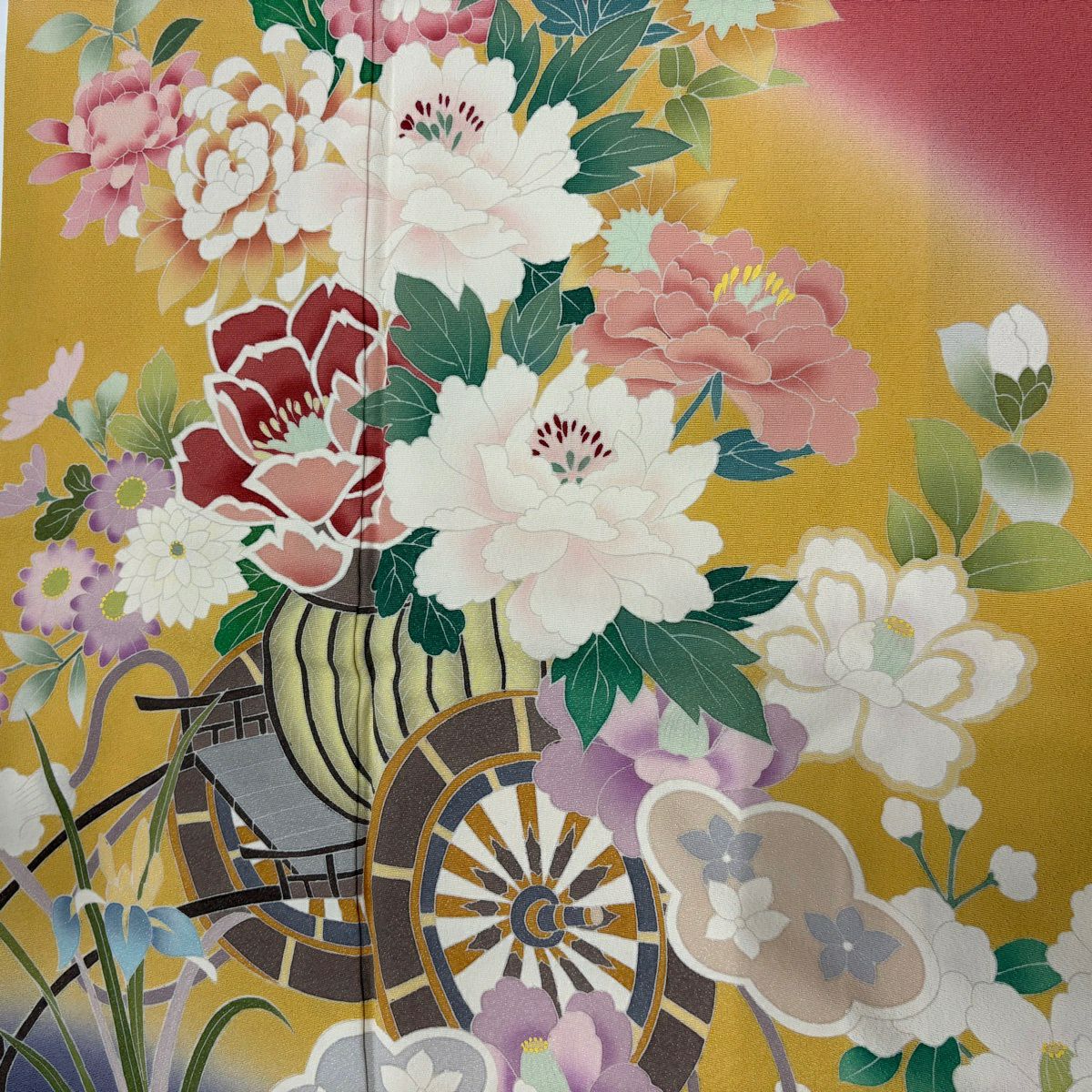 振袖禮服 身長168cm 袖長67.5cm L 雙層 花車 草花紋紋 染分 粉紅 純蠶絲 優品級