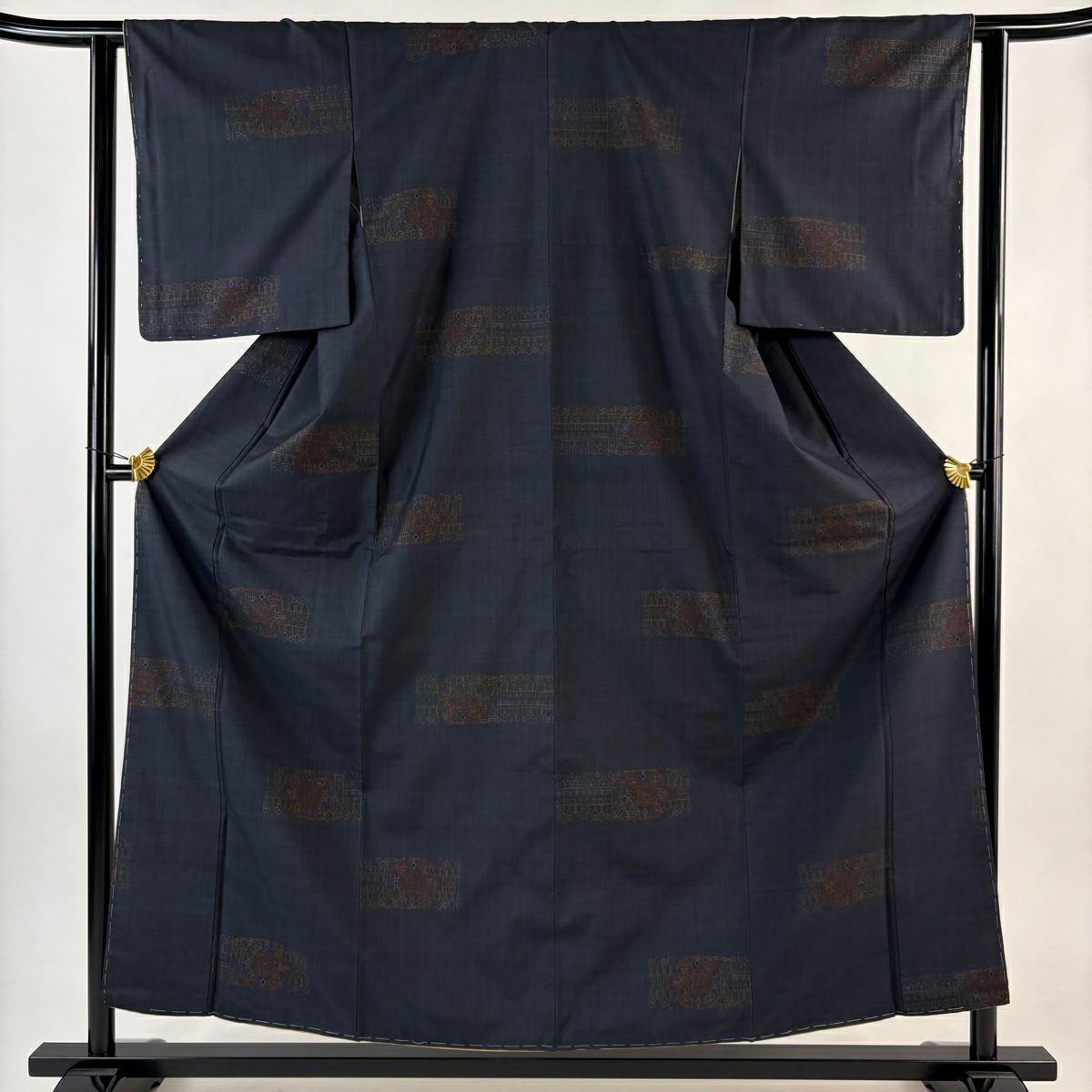 【美品】 紬織 身長157cm 袖長61.5cm S 雙層 幾何圖案 深藍 純蠶絲 優品級