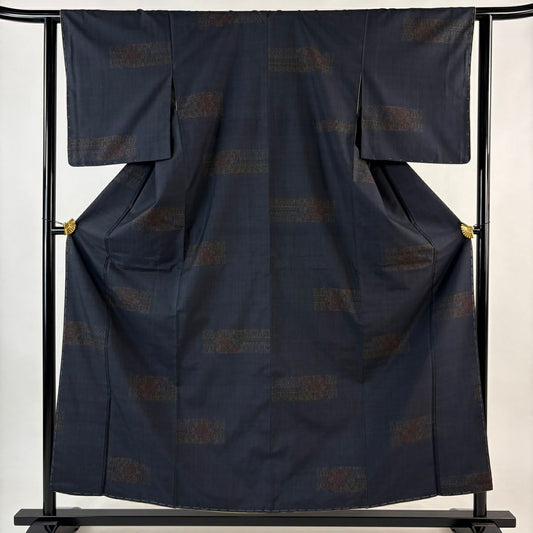 【美品】 紬織 身長157cm 袖長61.5cm S 雙層 幾何圖案 深藍 純蠶絲 優品級