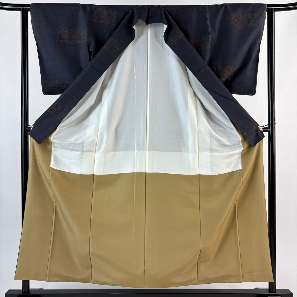 【美品】 紬織 身長157cm 袖長61.5cm S 雙層 幾何圖案 深藍 純蠶絲 優品級
