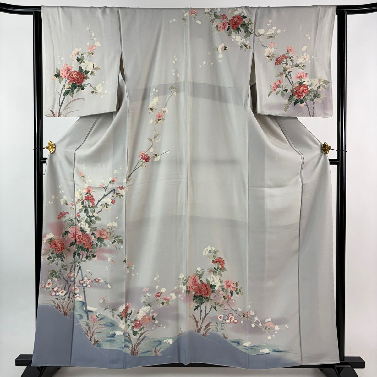 訪問服 身長161.5cm 袖長64cm M 雙層 草花紋紋 流水 金彩裝飾 漸層 灰色 純蠶絲 秀品級