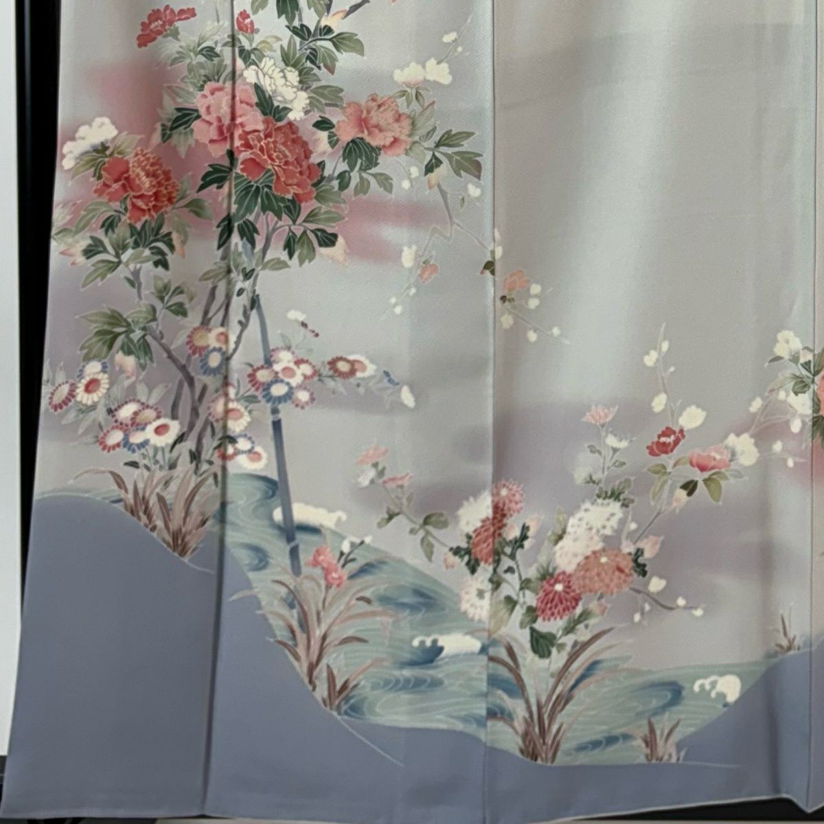 訪問服 身長161.5cm 袖長64cm M 雙層 草花紋紋 流水 金彩裝飾 漸層 灰色 純蠶絲 秀品級