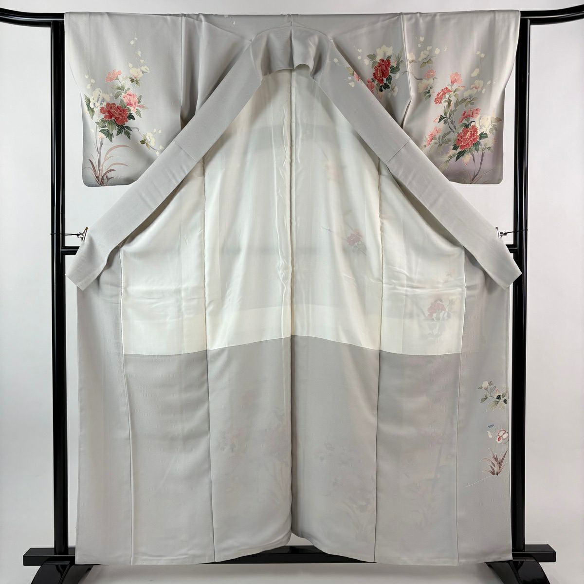 訪問服 身長161.5cm 袖長64cm M 雙層 草花紋紋 流水 金彩裝飾 漸層 灰色 純蠶絲 秀品級