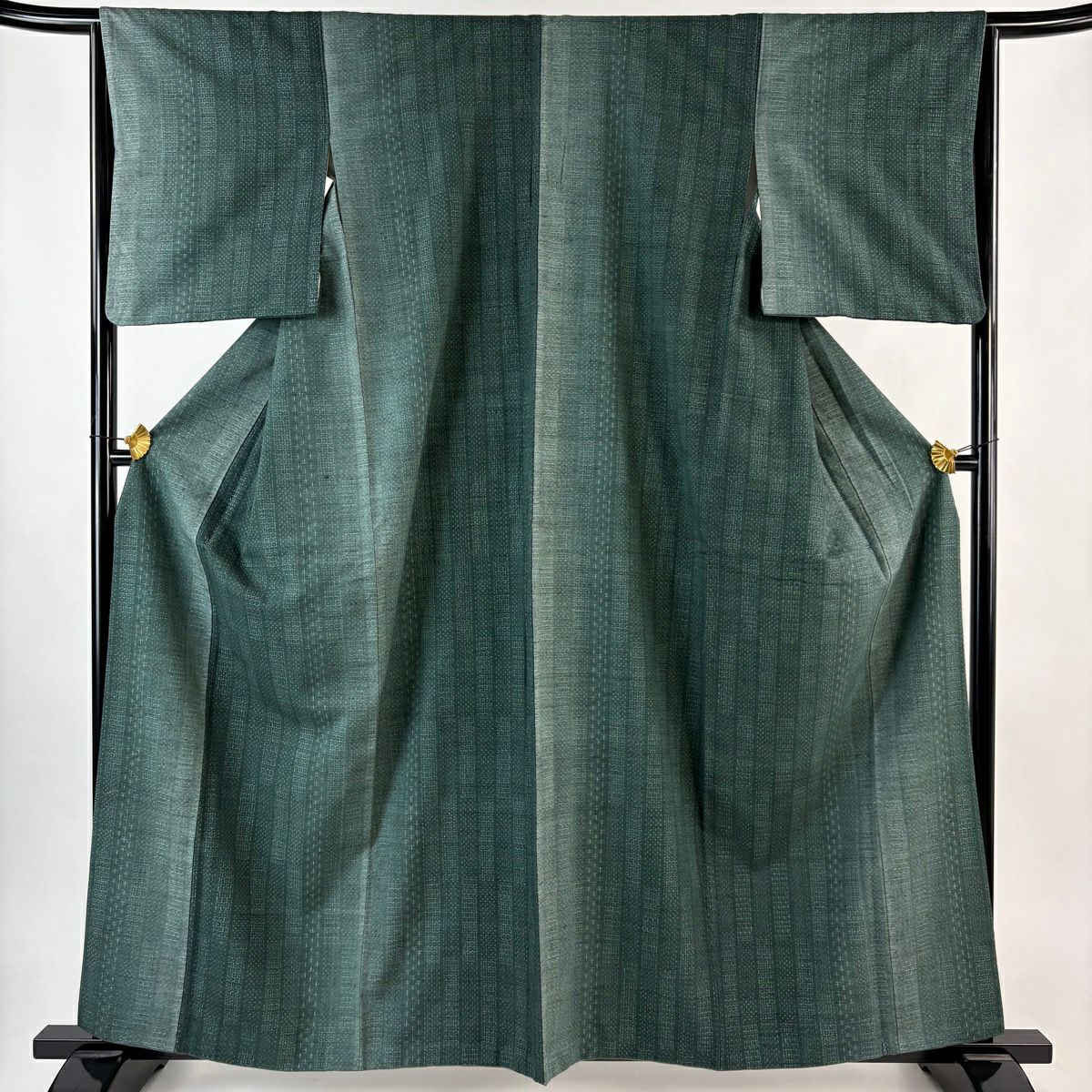 【美品】 紬織 身長162cm 袖長64.5cm M 雙層 龜甲絣 十字絣 深綠 純蠶絲 秀品級