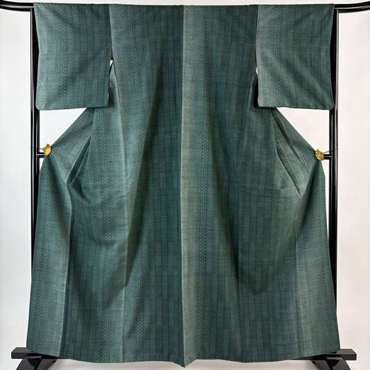 【美品】 紬織 身長162cm 袖長64.5cm M 雙層 龜甲絣 十字絣 深綠 純蠶絲 秀品級