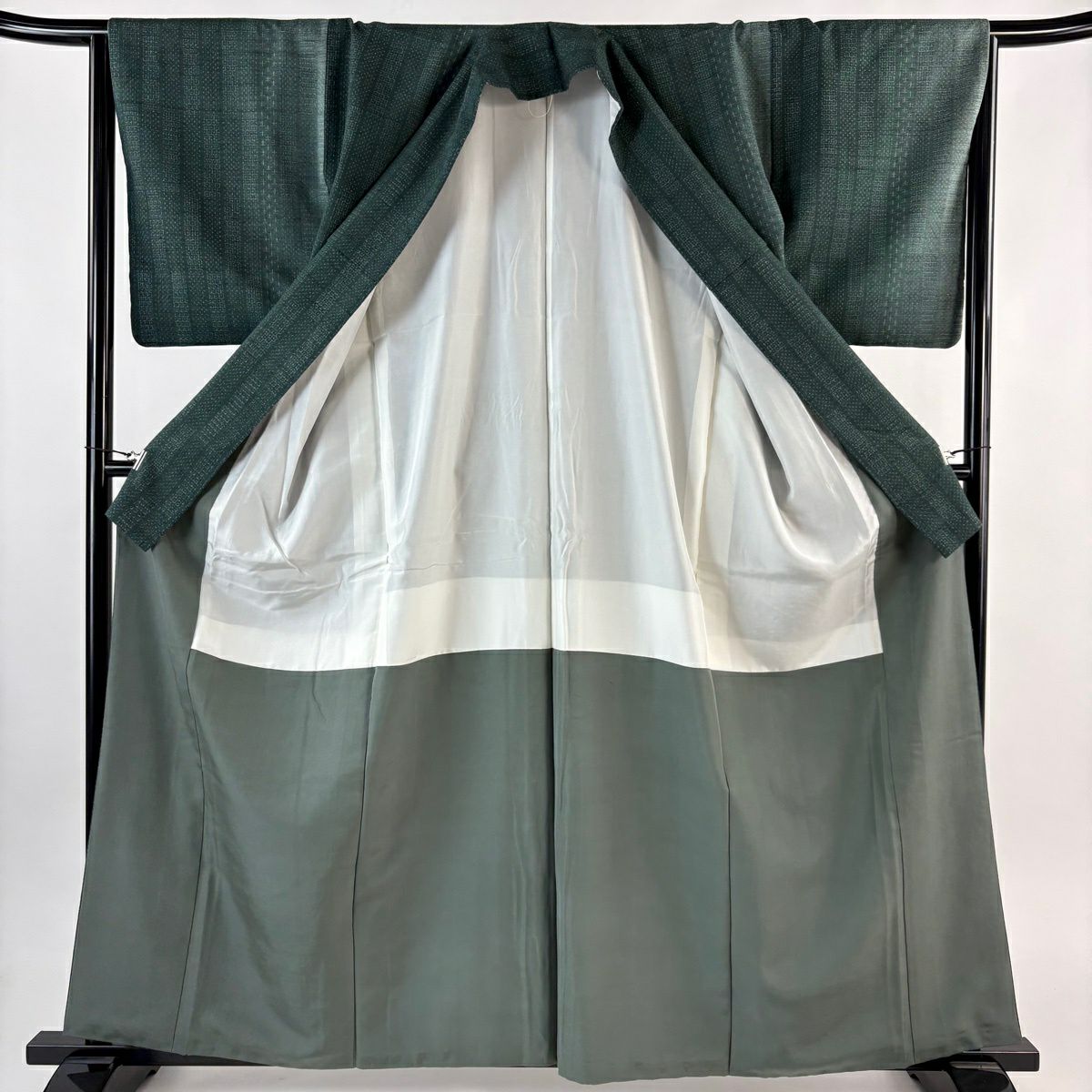 【美品】 紬織 身長162cm 袖長64.5cm M 雙層 龜甲絣 十字絣 深綠 純蠶絲 秀品級
