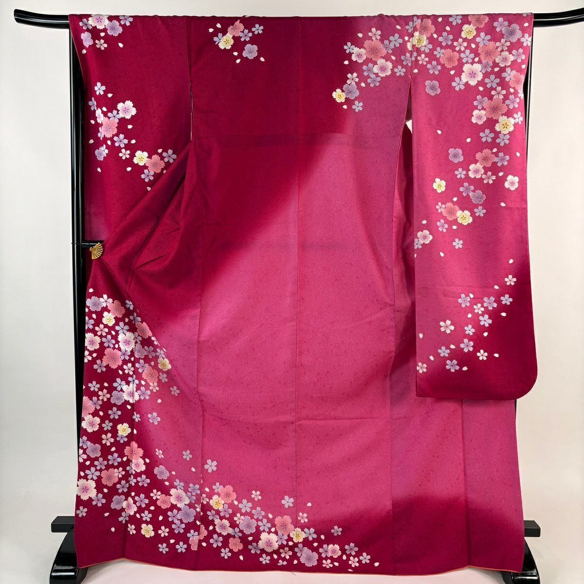 【美品】振袖禮服 身長172.5cm 袖長67cm M 雙層 可洗和服 櫻花 櫻花花瓣 金銀彩 漸層 粉色 化纖 優品級