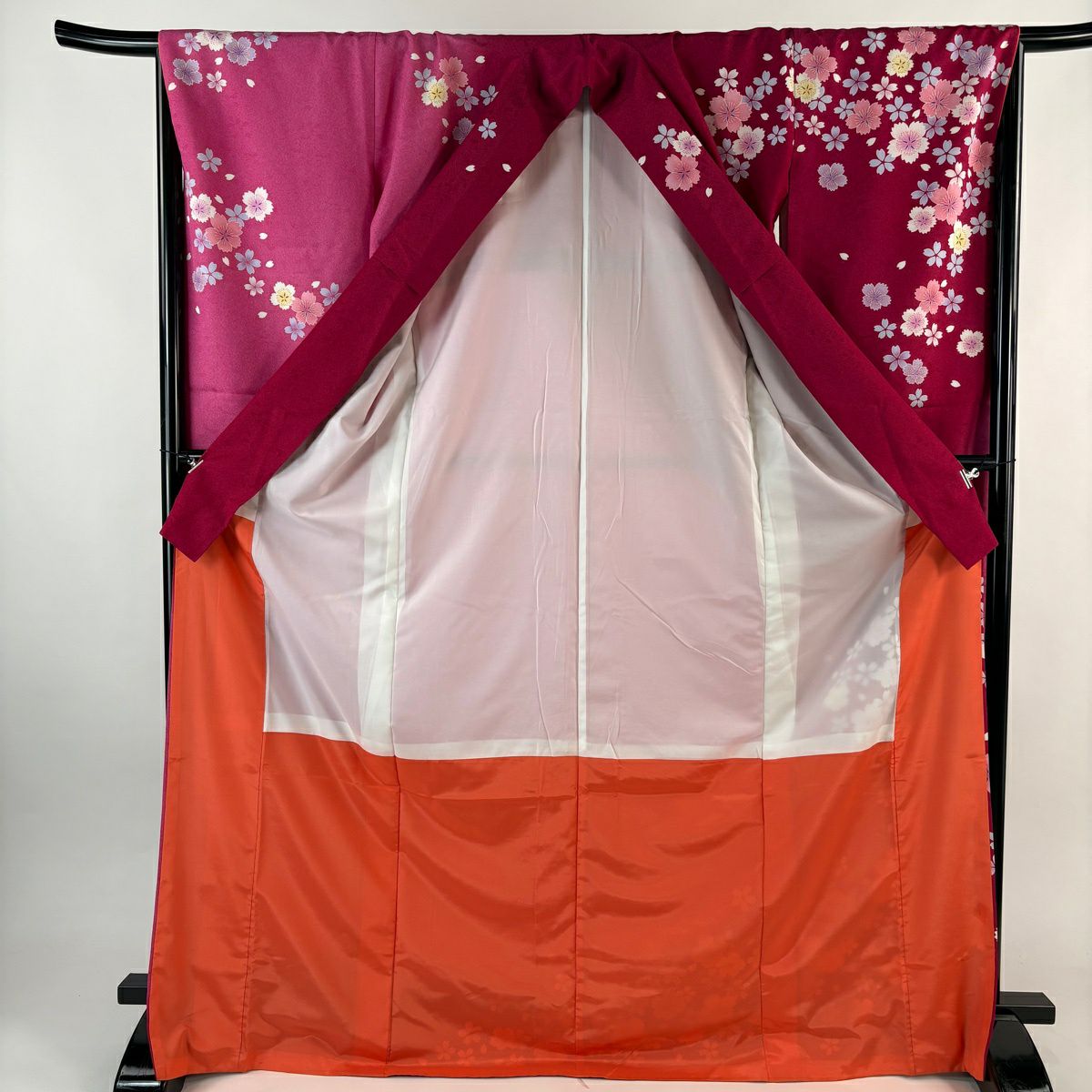 【美品】振袖禮服 身長172.5cm 袖長67cm M 雙層 可洗和服 櫻花 櫻花花瓣 金銀彩 漸層 粉色 化纖 優品級