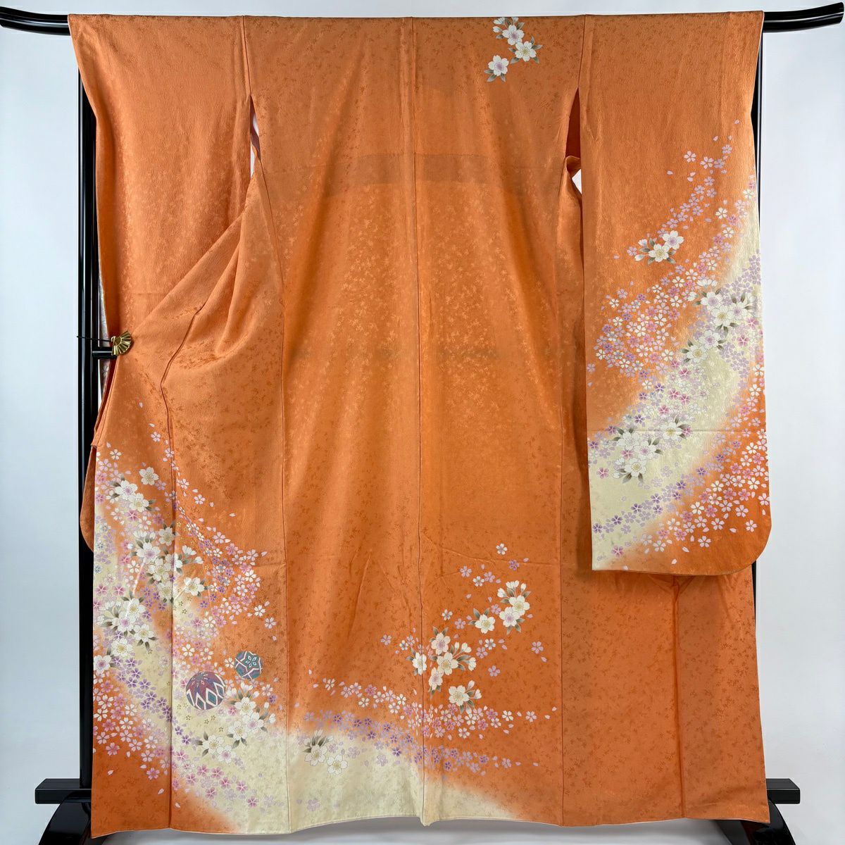 振袖禮服 身長165.5cm 袖長67cm M 雙層 櫻花 手毬 金絲 金銀彩 橙色 純蠶絲 優品級