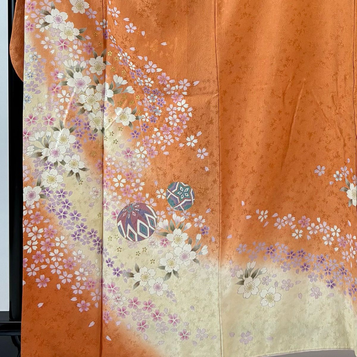 振袖禮服 身長165.5cm 袖長67cm M 雙層 櫻花 手毬 金絲 金銀彩 橙色 純蠶絲 優品級