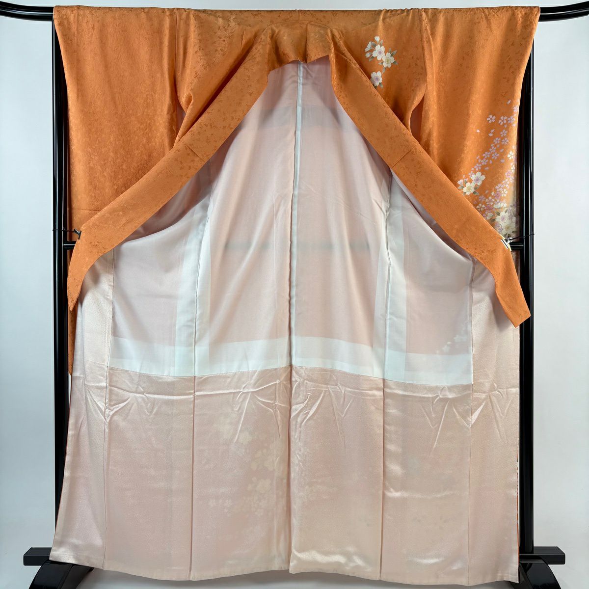 振袖禮服 身長165.5cm 袖長67cm M 雙層 櫻花 手毬 金絲 金銀彩 橙色 純蠶絲 優品級