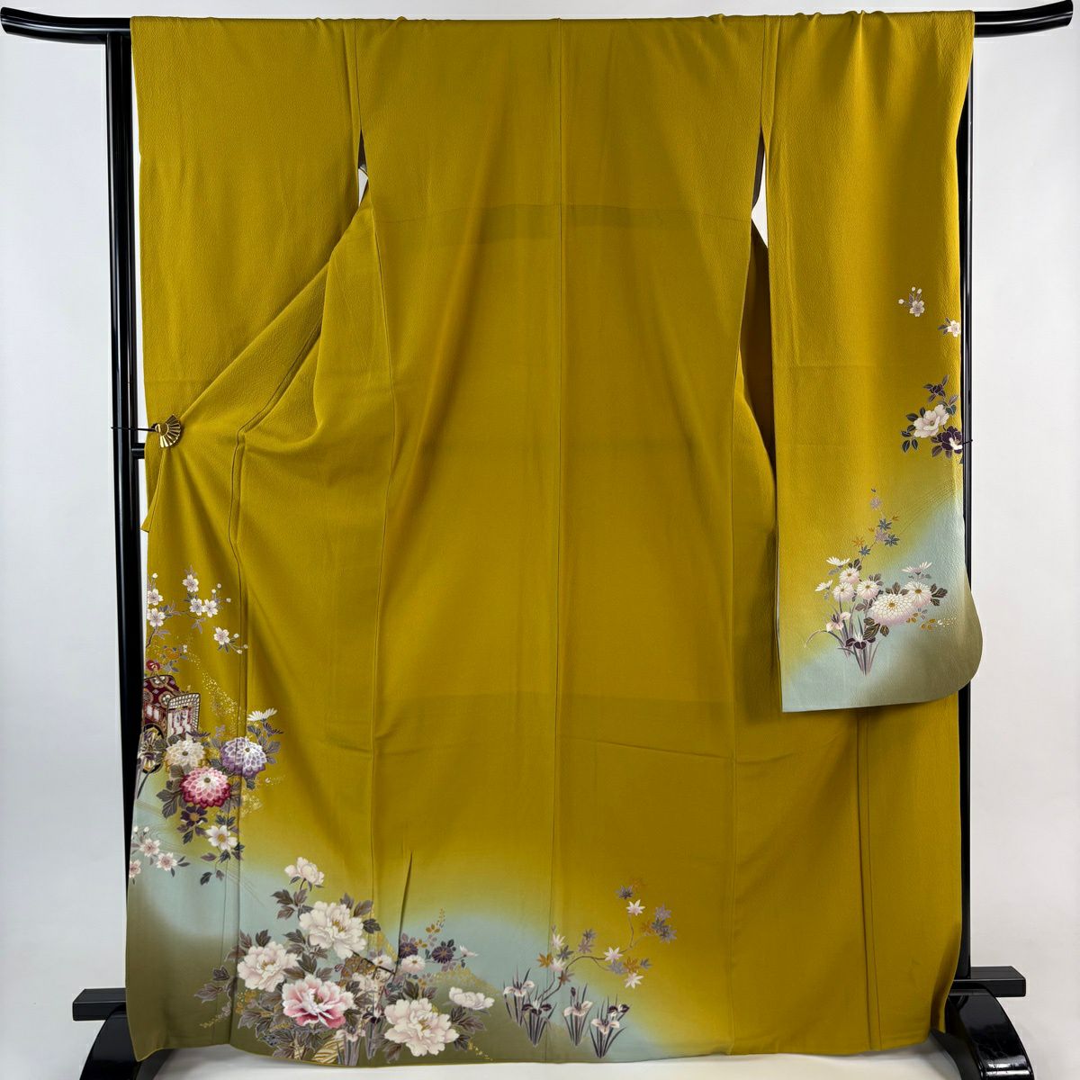 振袖禮服 身長168cm 袖長66cm M 雙層 御所車 草花紋紋 金彩裝飾 刺繡 芥末色 純蠶絲 秀品級