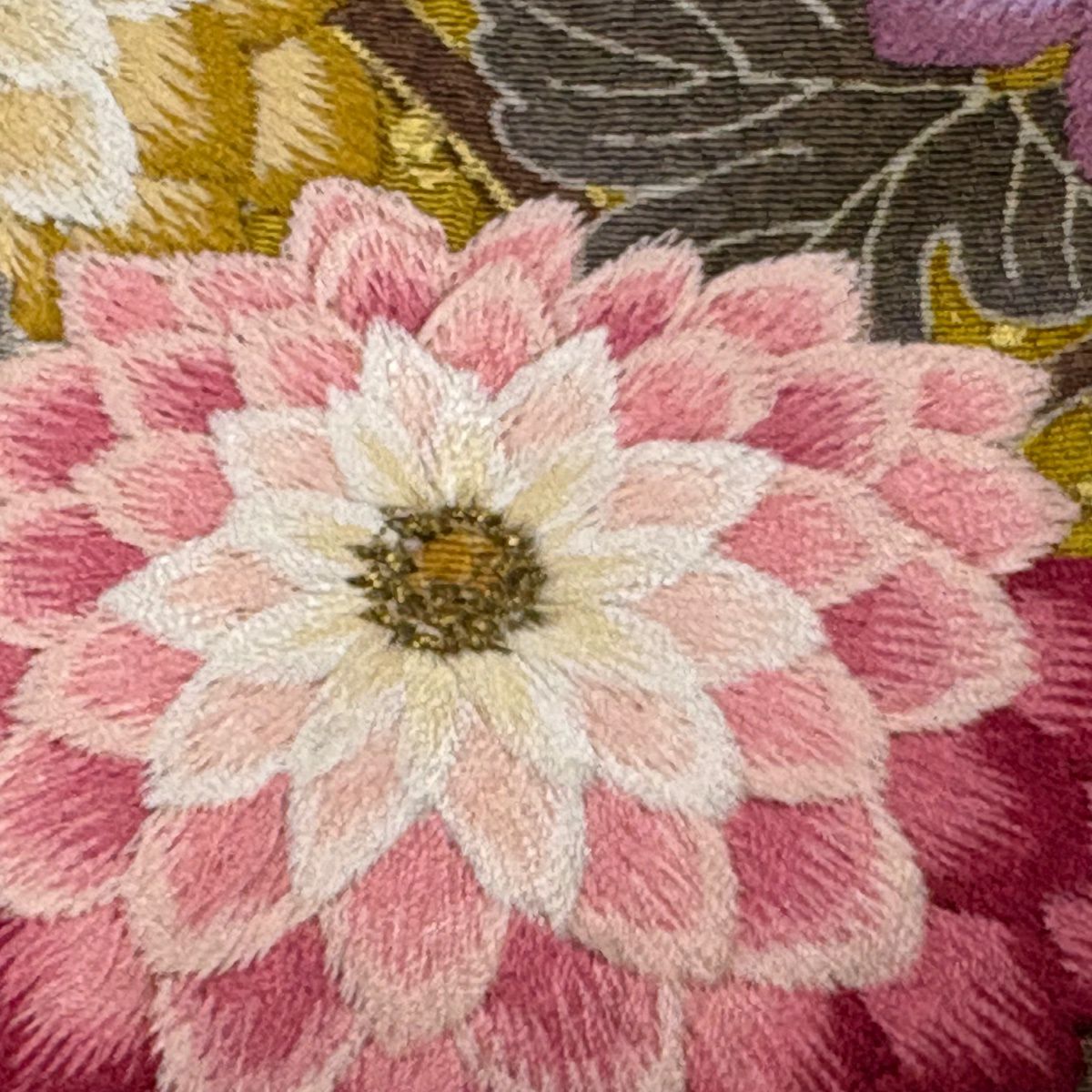 振袖禮服 身長168cm 袖長66cm M 雙層 御所車 草花紋紋 金彩裝飾 刺繡 芥末色 純蠶絲 秀品級