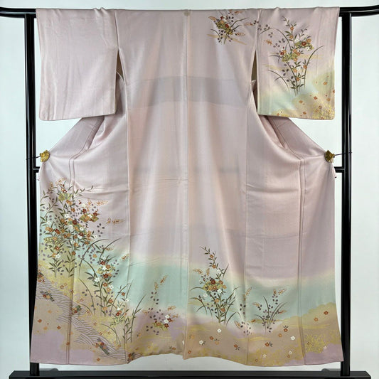 【美品】訪問服 身長153.5cm 袖長62cm S 雙層 草花紋紋 波 金銀彩 染分 粉紅 純蠶絲 秀品級 一つ紋