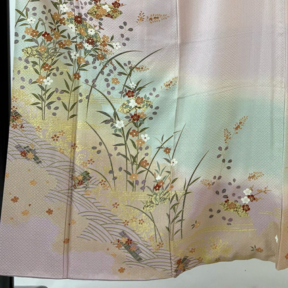 【美品】訪問服 身長153.5cm 袖長62cm S 雙層 草花紋紋 波 金銀彩 染分 粉紅 純蠶絲 秀品級 一つ紋