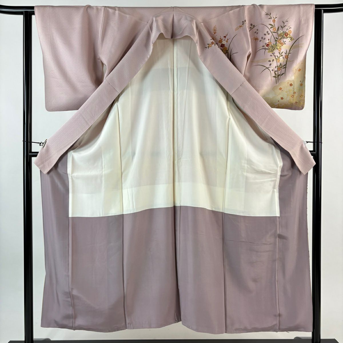 【美品】訪問服 身長153.5cm 袖長62cm S 雙層 草花紋紋 波 金銀彩 染分 粉紅 純蠶絲 秀品級 一つ紋