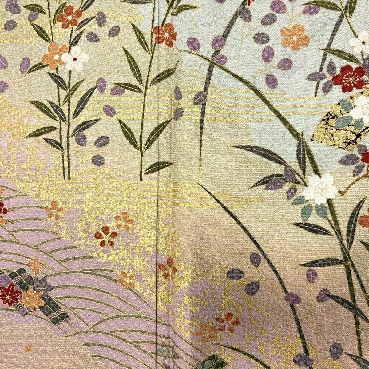 【美品】訪問服 身長153.5cm 袖長62cm S 雙層 草花紋紋 波 金銀彩 染分 粉紅 純蠶絲 秀品級 一つ紋