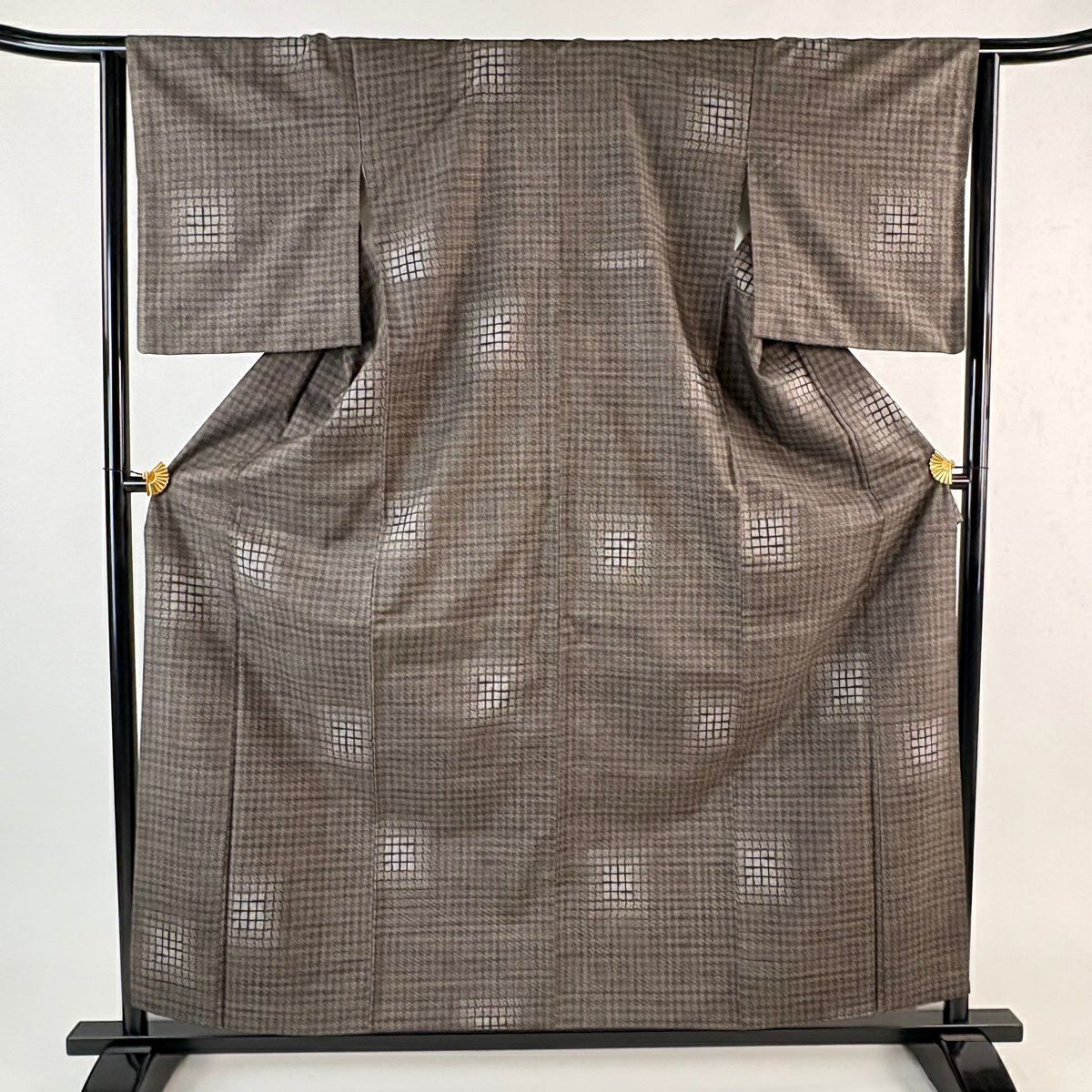 【美品】 紬織 身長158.5cm 袖長64cm M 雙層 幾何圖案 焦茶 純蠶絲 秀品級