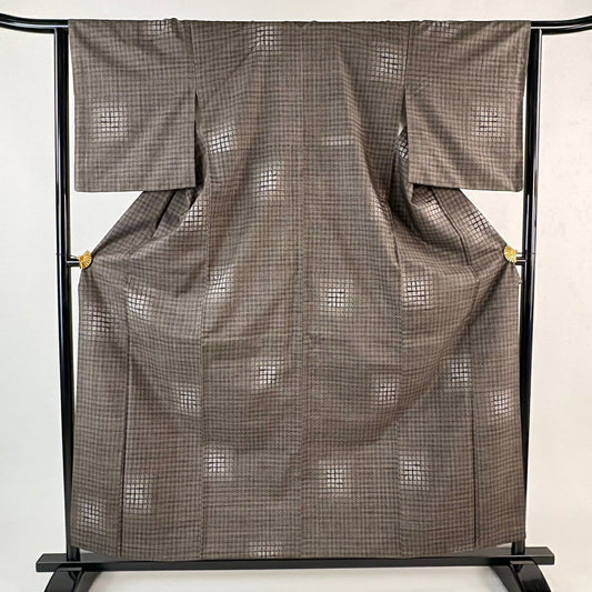 【美品】 紬織 身長158.5cm 袖長64cm M 雙層 幾何圖案 焦茶 純蠶絲 秀品級
