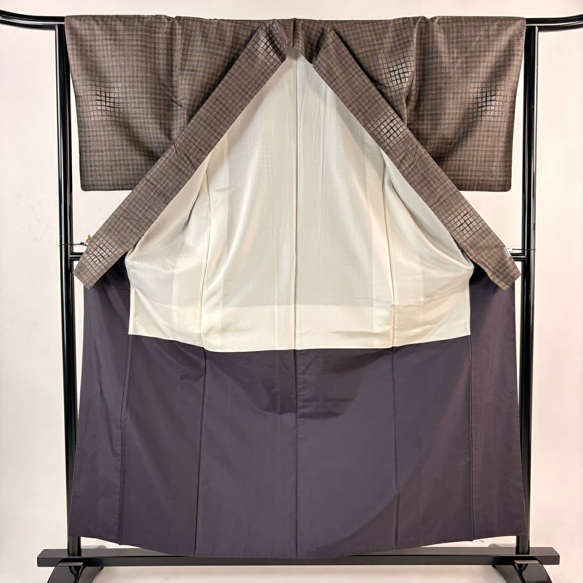 【美品】 紬織 身長158.5cm 袖長64cm M 雙層 幾何圖案 焦茶 純蠶絲 秀品級