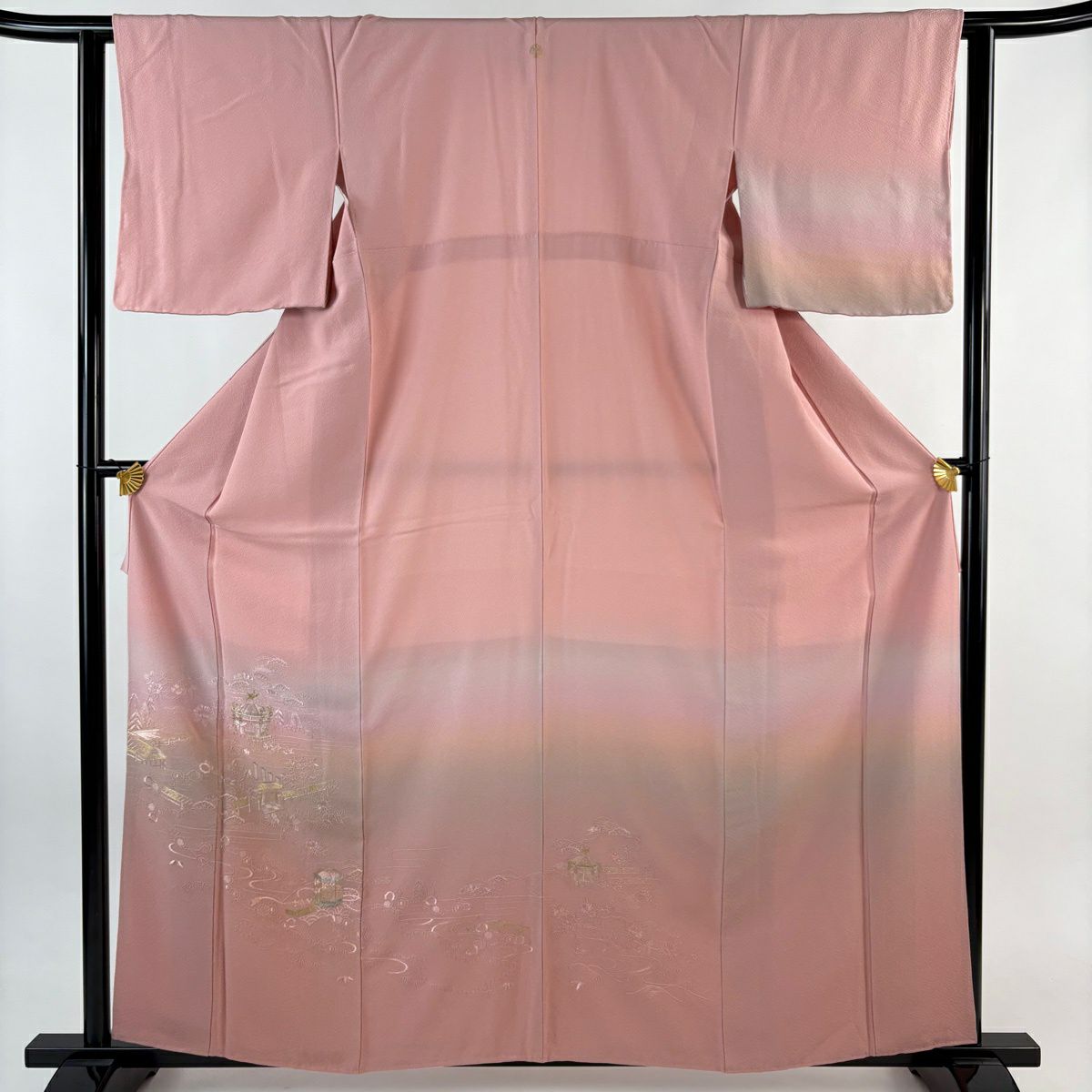 【美品】 付下 身長159.5cm 袖長62cm S 雙層 建物 貝桶 刺繡 金銀彩 粉紅 純蠶絲 秀品級 一つ紋