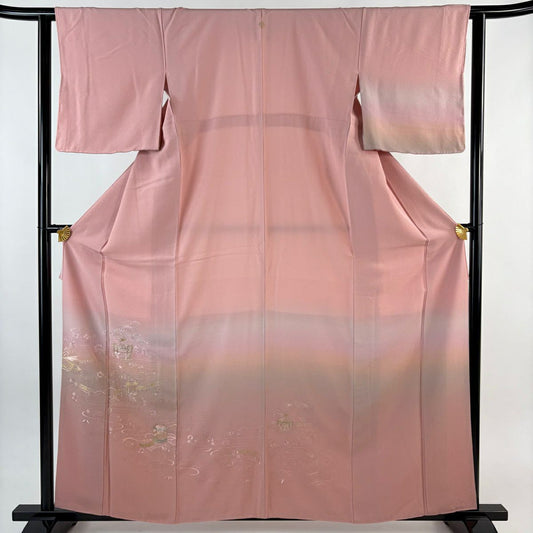 【美品】 付下 身長159.5cm 袖長62cm S 雙層 建物 貝桶 刺繡 金銀彩 粉紅 純蠶絲 秀品級 一つ紋