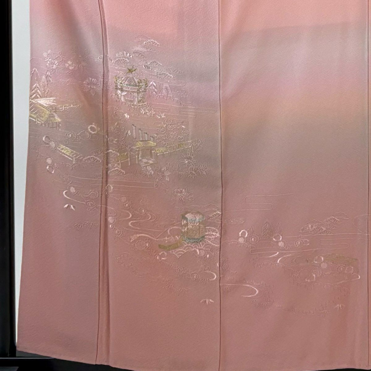 【美品】 付下 身長159.5cm 袖長62cm S 雙層 建物 貝桶 刺繡 金銀彩 粉紅 純蠶絲 秀品級 一つ紋