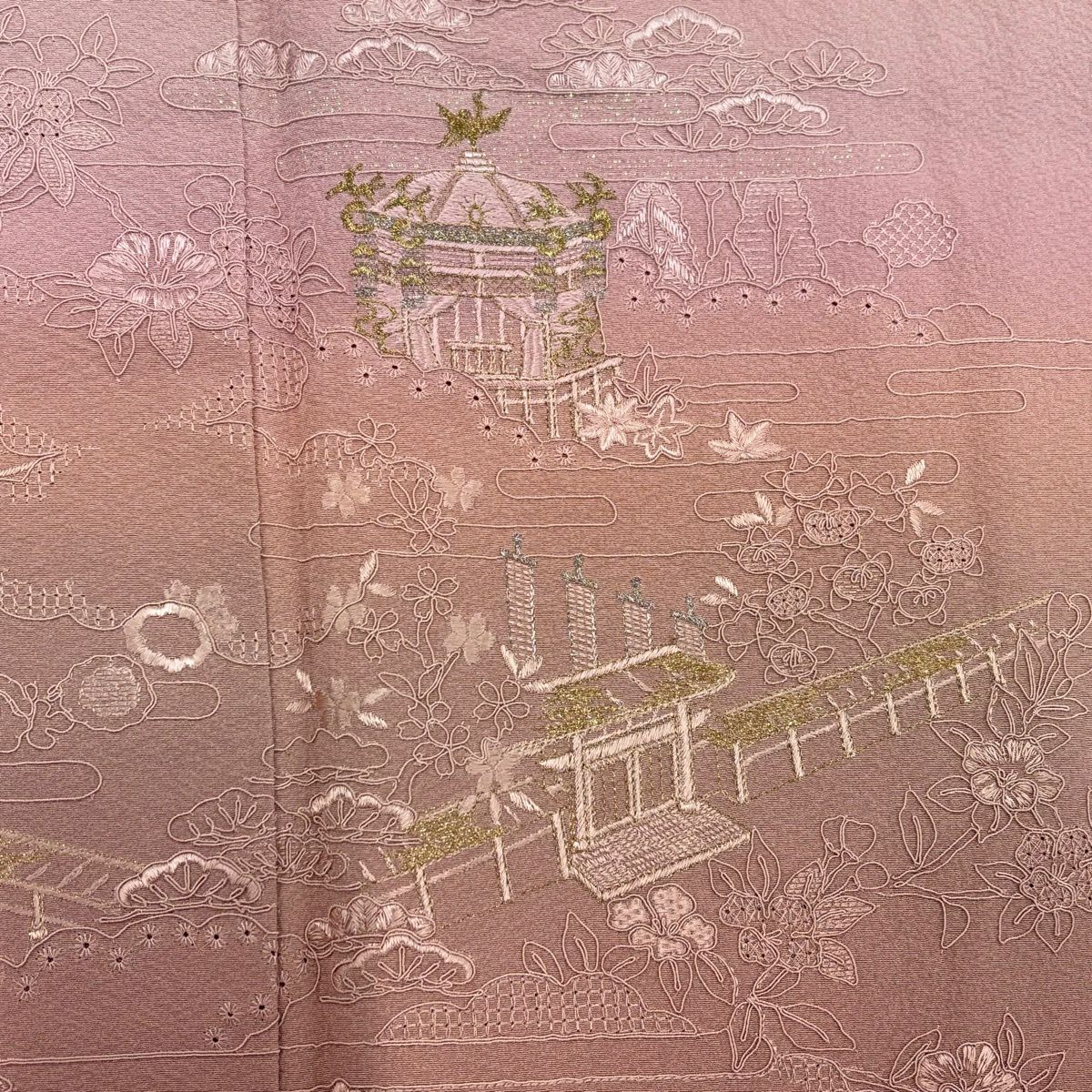 【美品】 付下 身長159.5cm 袖長62cm S 雙層 建物 貝桶 刺繡 金銀彩 粉紅 純蠶絲 秀品級 一つ紋