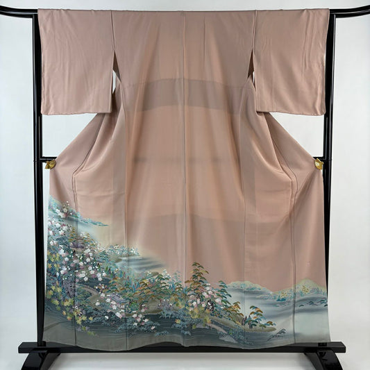 色留袖禮服 身長157.5cm 袖長65cm M 雙層 落款あり 建物 櫻花 漸層 粉米色 純蠶絲 秀品級 一つ紋