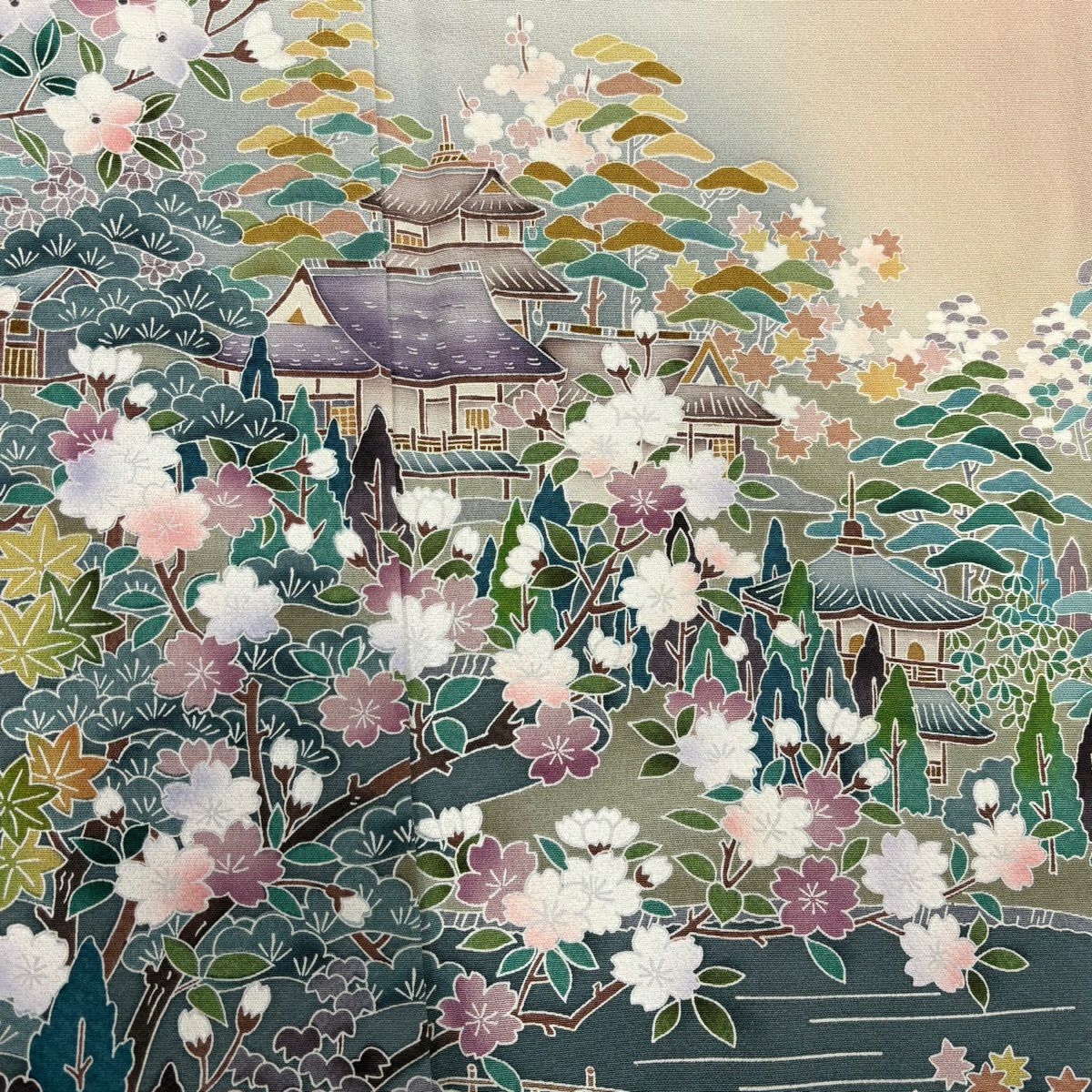 色留袖禮服 身長157.5cm 袖長65cm M 雙層 落款あり 建物 櫻花 漸層 粉米色 純蠶絲 秀品級 一つ紋