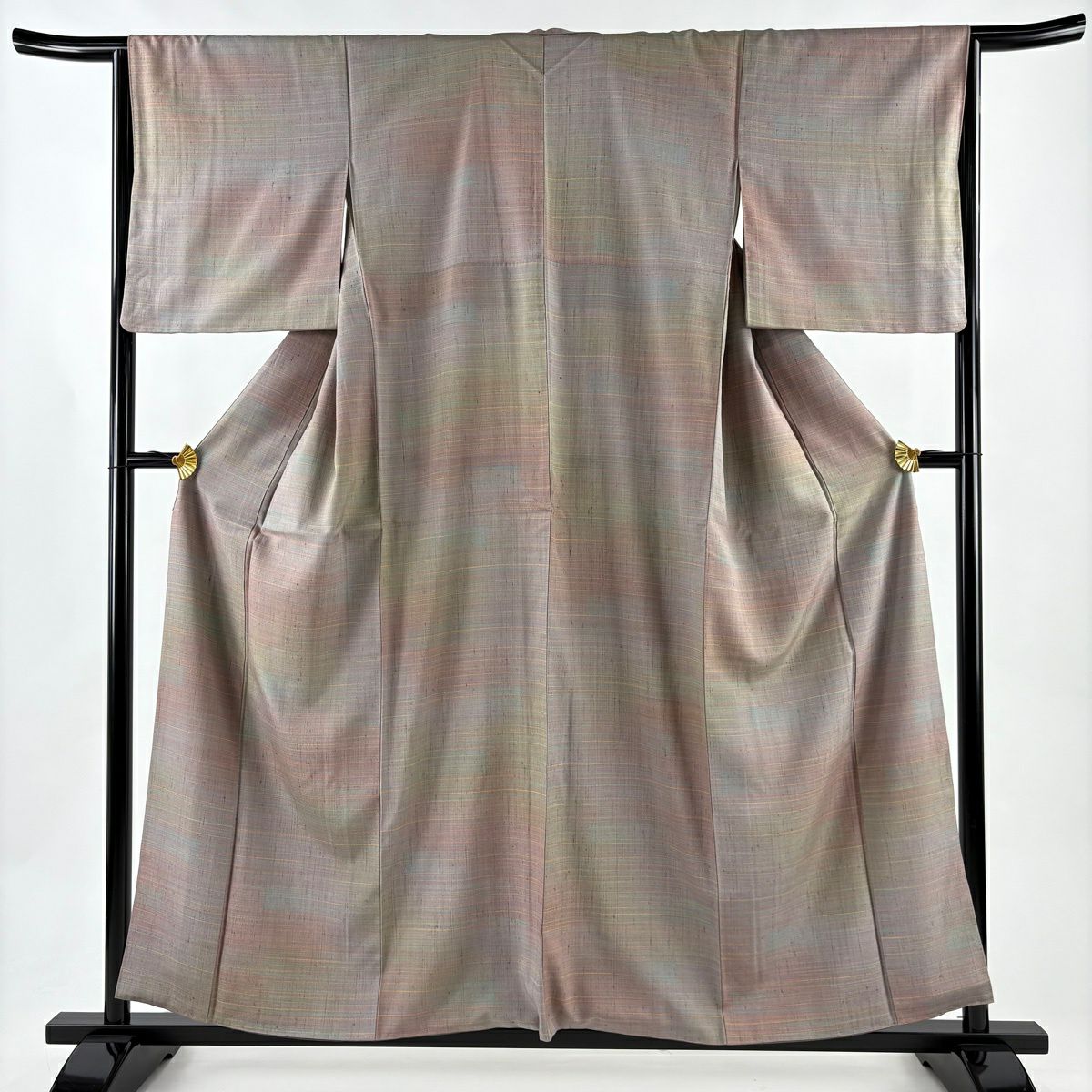 【美品】 小紋 身長157.5cm 袖長65cm M 雙層 紬織織 橫條 灰紫 純蠶絲 秀品級