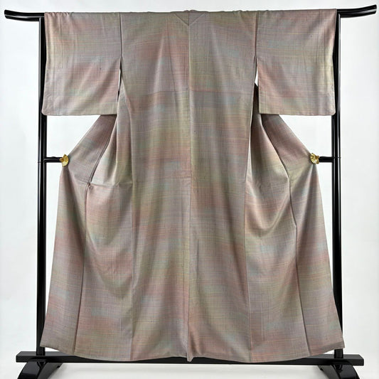 【美品】 小紋 身長157.5cm 袖長65cm M 雙層 紬織織 橫條 灰紫 純蠶絲 秀品級