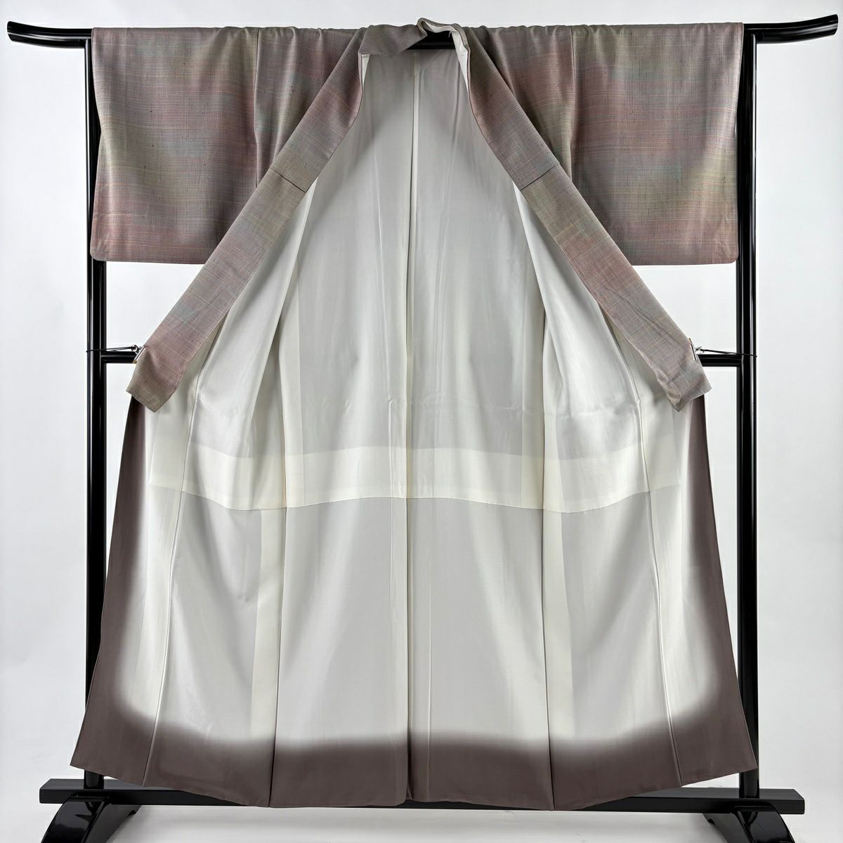 【美品】 小紋 身長157.5cm 袖長65cm M 雙層 紬織織 橫條 灰紫 純蠶絲 秀品級