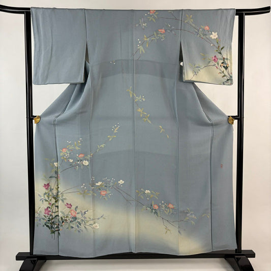 訪問服 身長157cm 袖長62.5cm S 雙層 岡村蒼風 落款あり 枝花 絞染 漸層 青灰 純蠶絲 秀品級 一つ紋