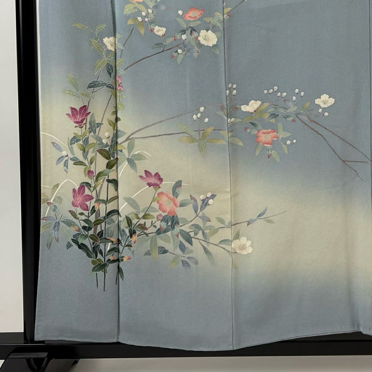 訪問服 身長157cm 袖長62.5cm S 雙層 岡村蒼風 落款あり 枝花 絞染 漸層 青灰 純蠶絲 秀品級 一つ紋