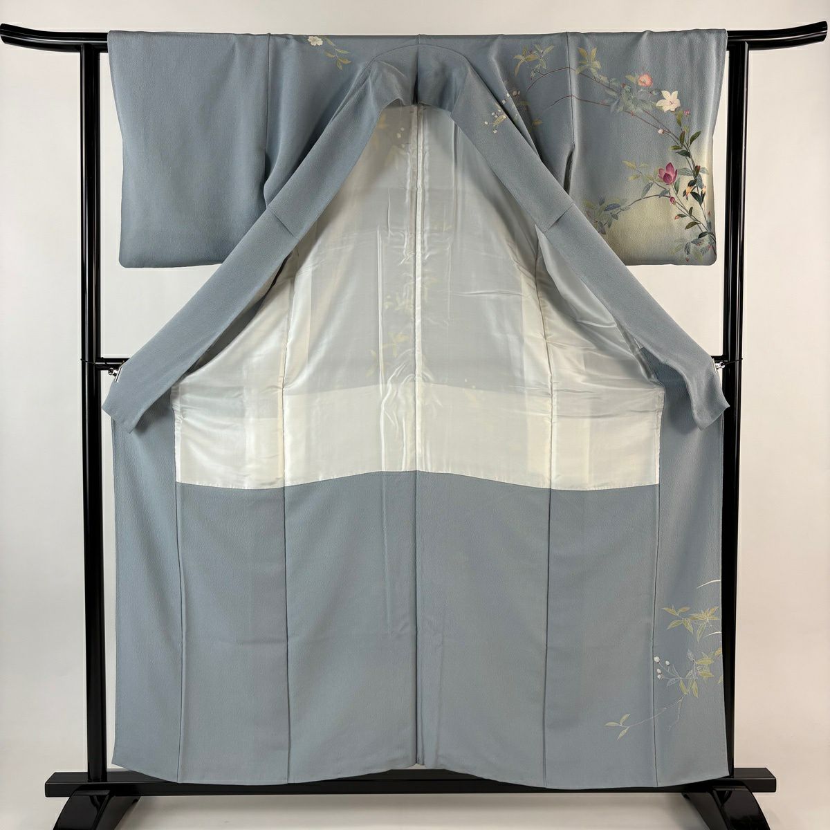 訪問服 身長157cm 袖長62.5cm S 雙層 岡村蒼風 落款あり 枝花 絞染 漸層 青灰 純蠶絲 秀品級 一つ紋