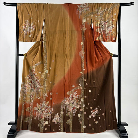 訪問服 身長167cm 袖長66cm M 雙層 扇子面 松樹竹子梅花 金彩裝飾 漸層 山吹茶 純蠶絲 秀品級