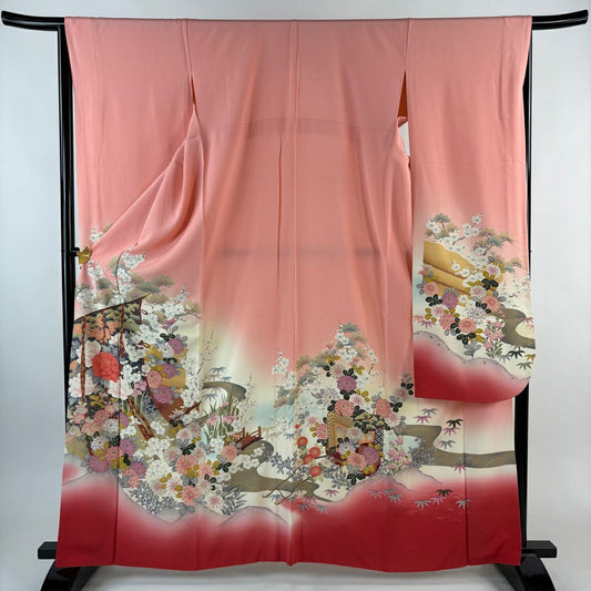 振袖禮服 身長163.5cm 袖長66.5cm M 雙層 幾帳 草花紋紋 金銀彩 漸層 粉色 純蠶絲 優品級