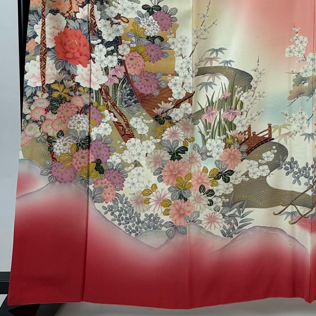 振袖禮服 身長163.5cm 袖長66.5cm M 雙層 幾帳 草花紋紋 金銀彩 漸層 粉色 純蠶絲 優品級
