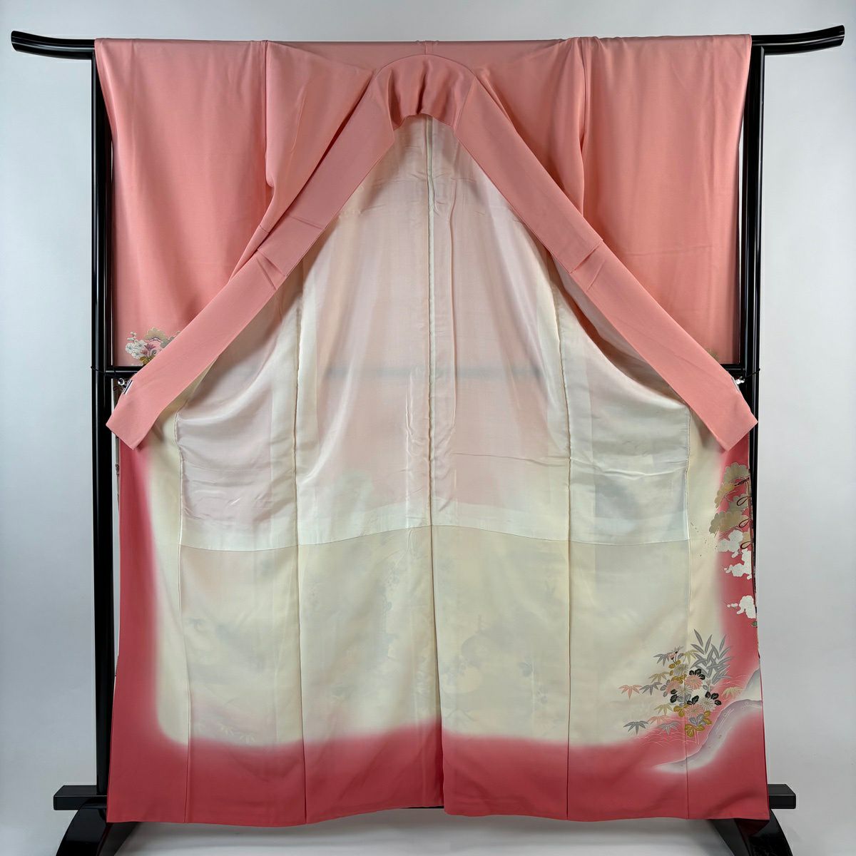 振袖禮服 身長163.5cm 袖長66.5cm M 雙層 幾帳 草花紋紋 金銀彩 漸層 粉色 純蠶絲 優品級