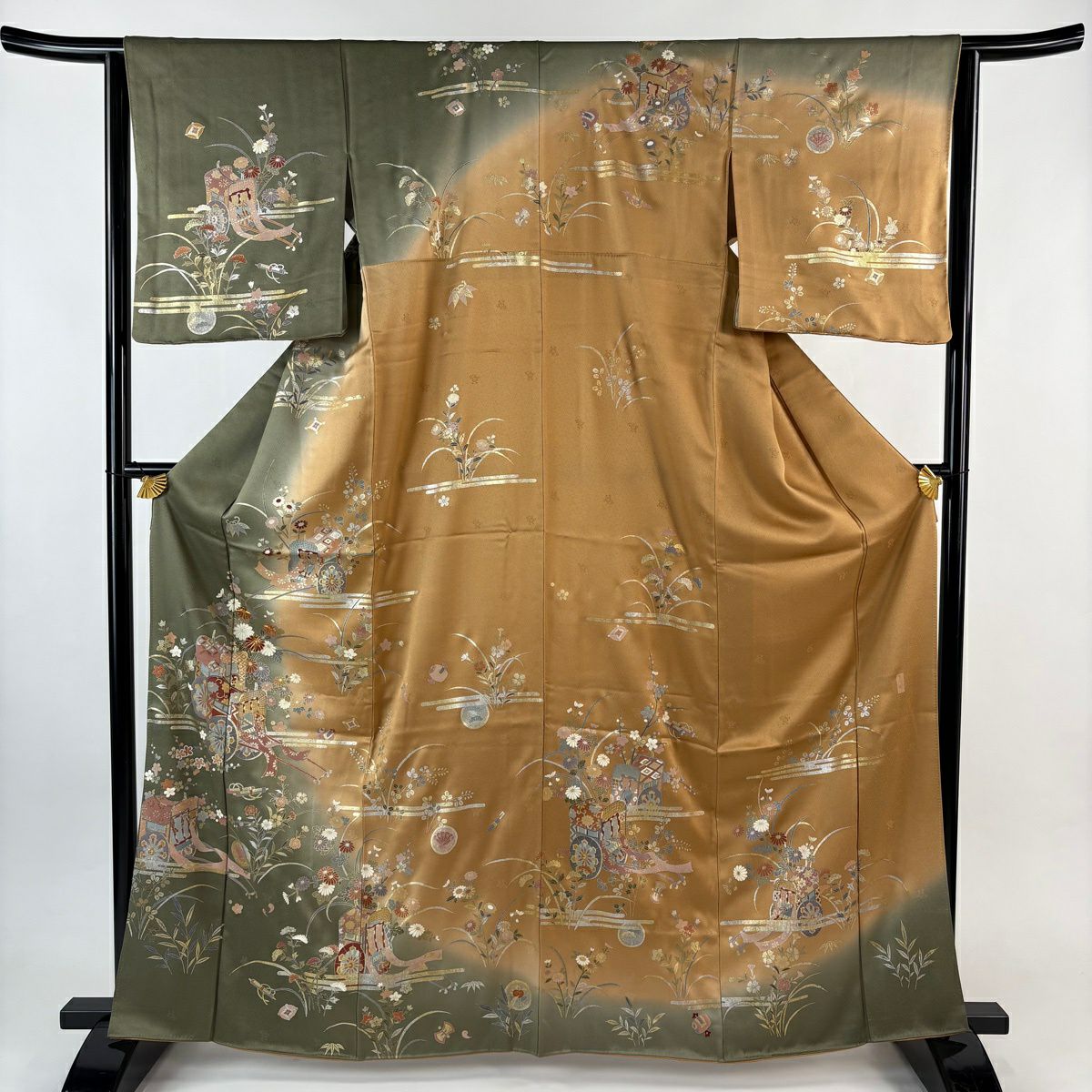 訪問服 身長165.5cm 袖長64cm M 雙層 御所車 菊花 金銀彩 金絲 茶綠 純蠶絲 秀品級