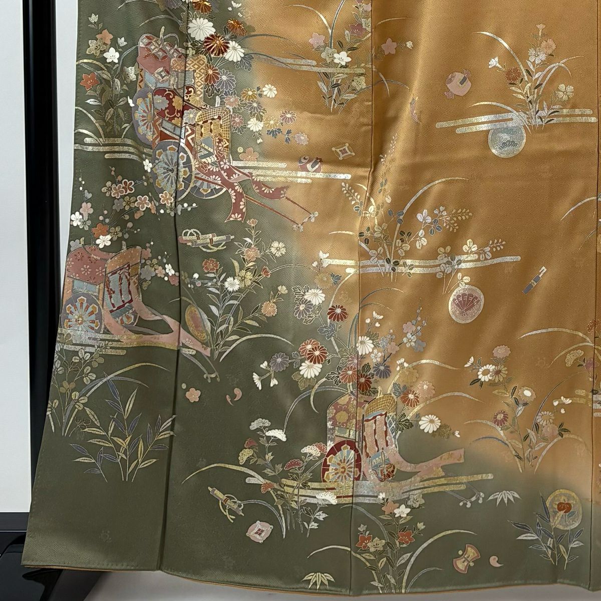 訪問服 身長165.5cm 袖長64cm M 雙層 御所車 菊花 金銀彩 金絲 茶綠 純蠶絲 秀品級